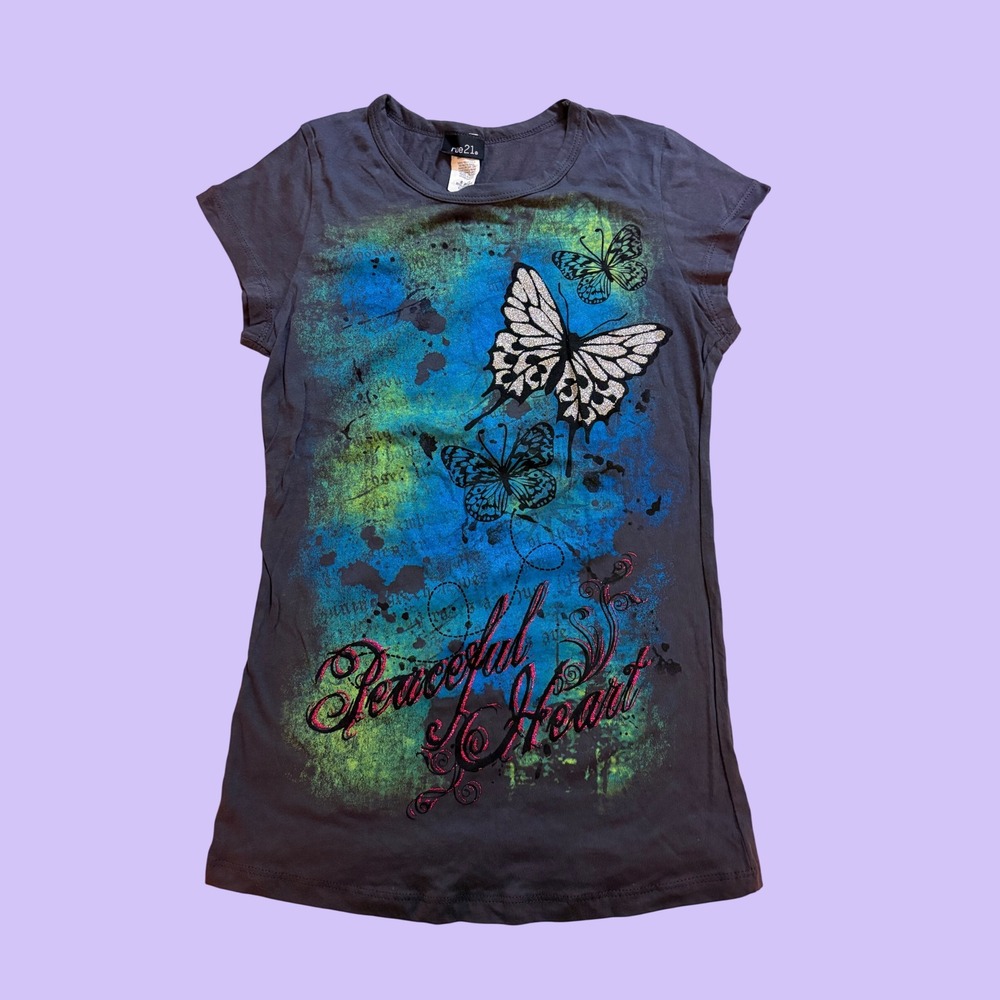 Y2K Rue21 Butterfly Graphic Tee Peaceful Heart Glitter Shirt Scene Grunge #17